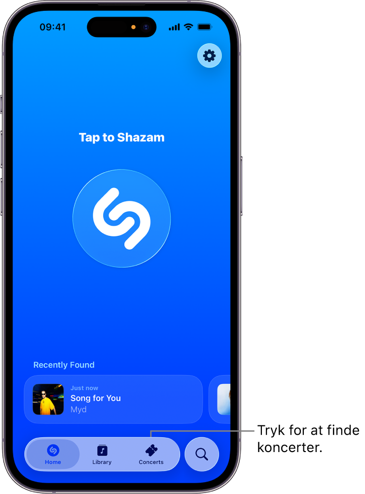 Hjemmeskærmen i Shazam-appen, der viser knappen Concerts (Koncerter)