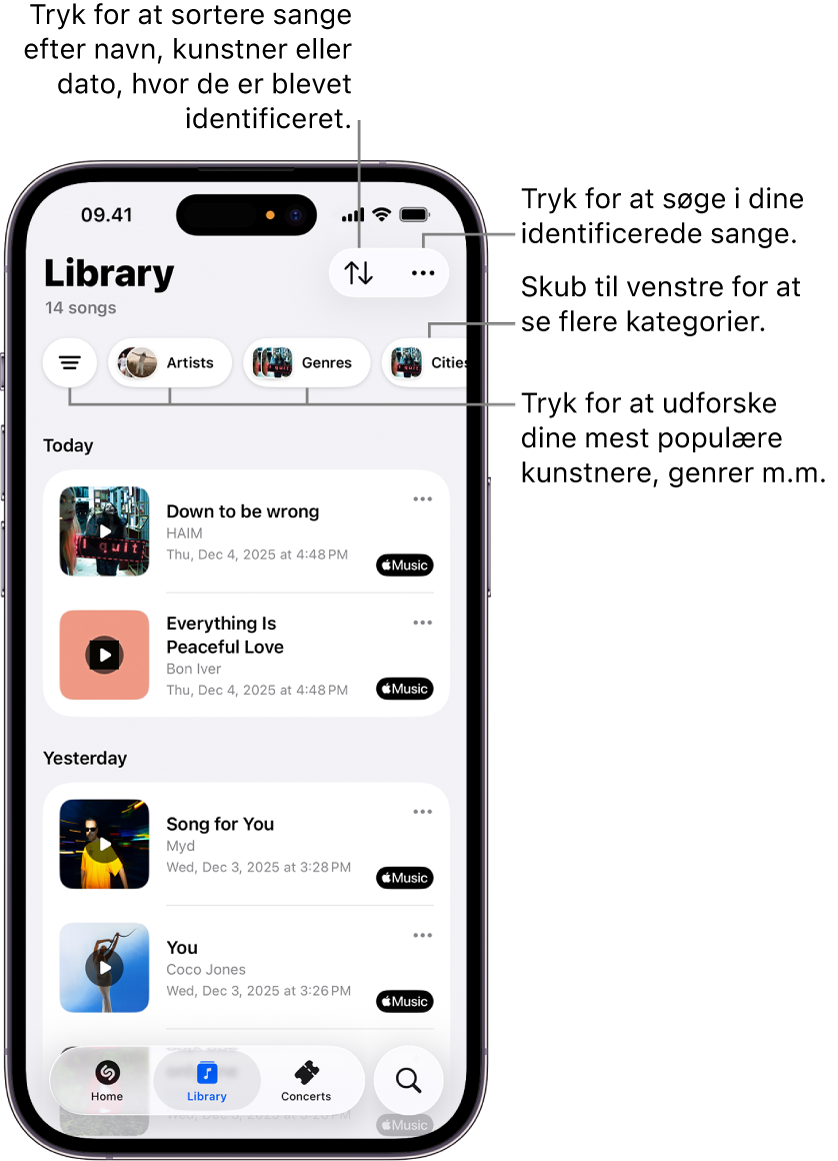 Biblioteket i Shazam-appen viser søge- og sorteringsindstillinger