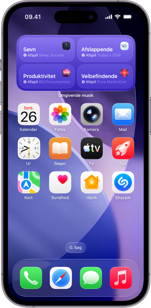 Hjemmeskærmen på iPhone viser den mellemstore widget Omgivende musik