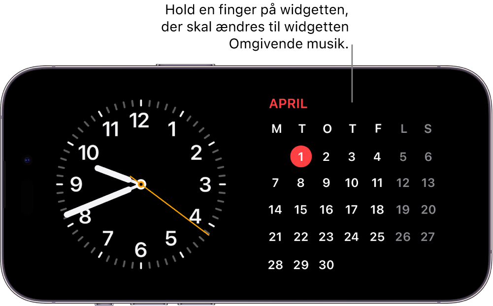 Skærmen StandBy på iPhone viser widgetten Ur og widgetten Kalender