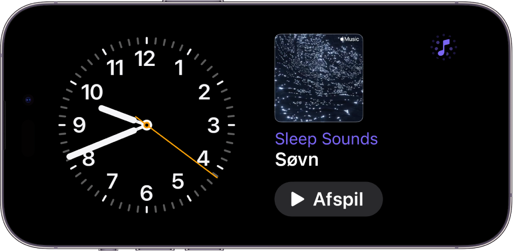 Skærmen StandBy på iPhone viser widgetten Ur og widgetten Omgivende musik