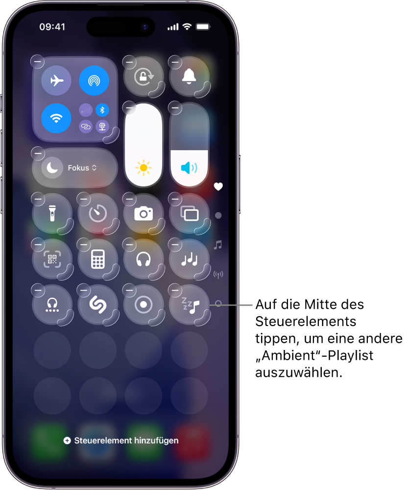 iPhone-Bildschirm mit dem Kontrollzentrum im Modus „Bearbeiten“