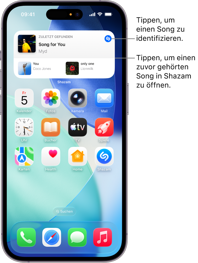 Der Home-Bildschirm des iPhone zeigt das Shazam-Widget.