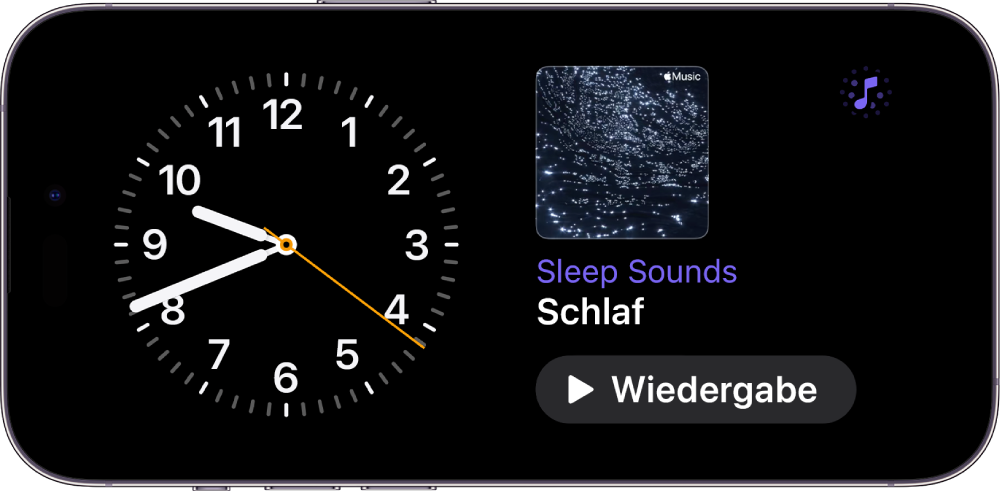 Der Standby-Bildschirm vom iPhone mit einem „Uhr“-Widget und einem „Ambient“-Widget