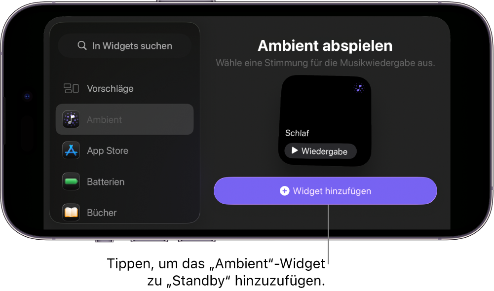 Standby-Bildschirm vom iPhone im Bearbeitungsmodus mit dem „Ambient“-Widget und der Taste „Widget hinzufügen“