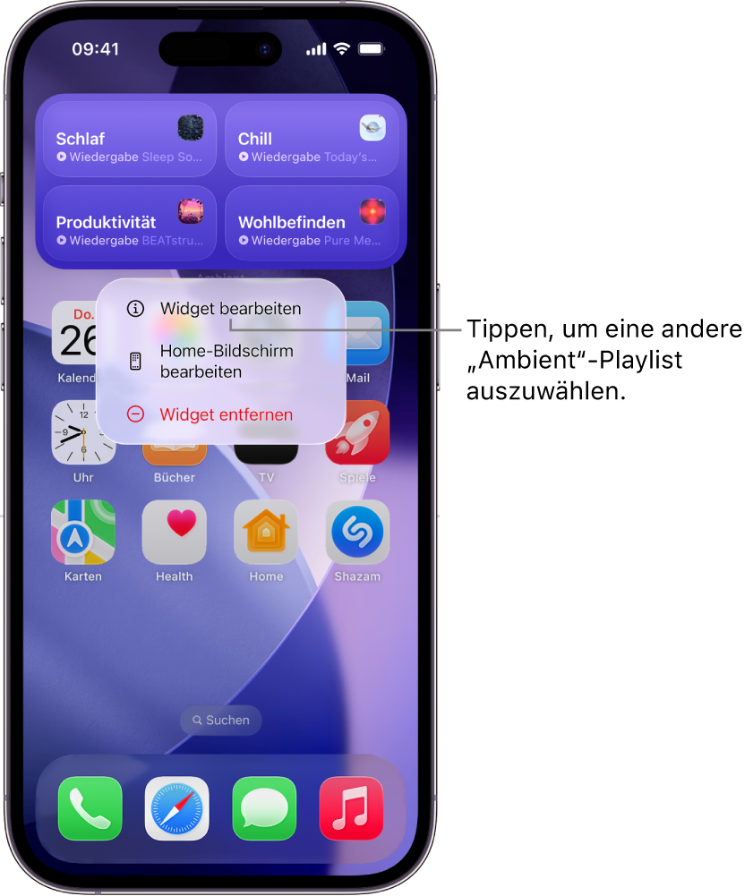Home-Bildschirm des iPhone mit dem Menüobjekt „Widget bearbeiten“ im Menü „Widget“