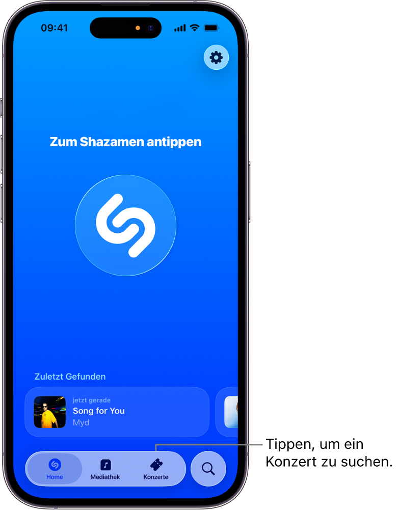 Der Home-Bildschirm der Shazam-App mit der Taste „Konzerte“