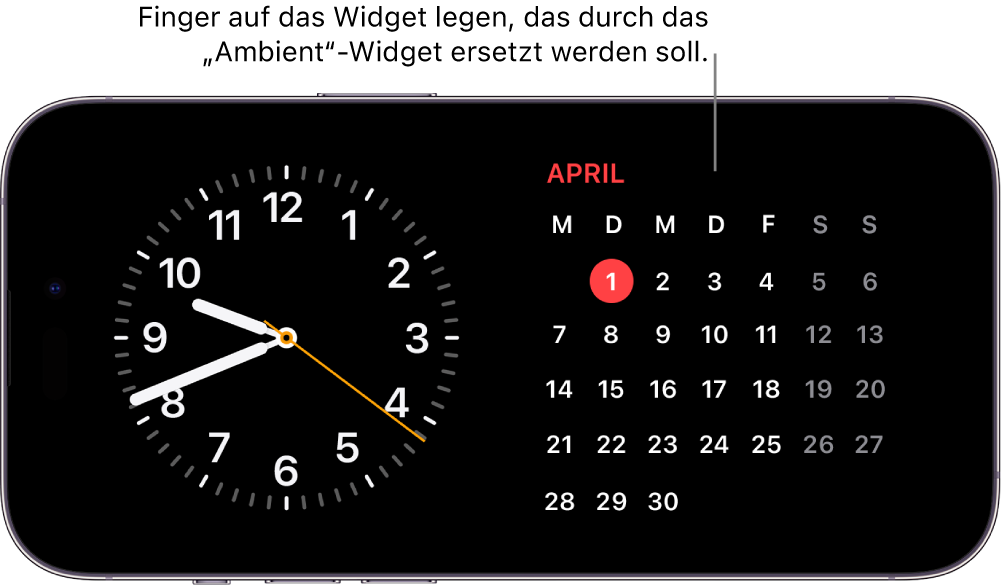 Der Standby-Bildschirm vom iPhone mit einem „Uhr“-Widget und einem „Kalender“-Widget
