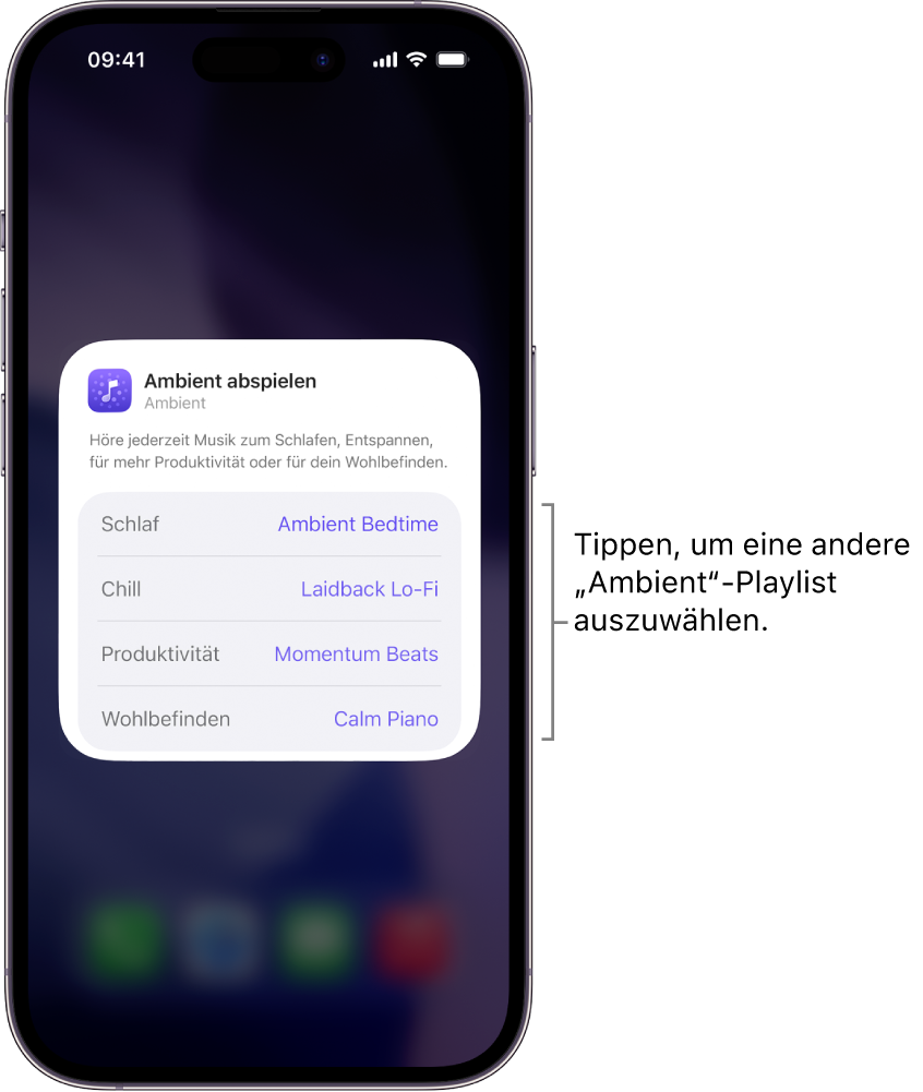iPhone-Bildschirm mit den Optionen „Stimmung“ und „Playlist“ in einem mittleren „Ambient“-Widget