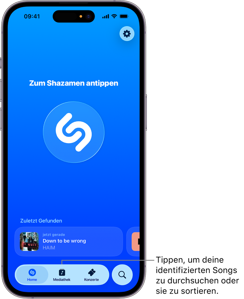 Der Home-Bildschirm der Shazam-App mit der Taste „Mediathek“
