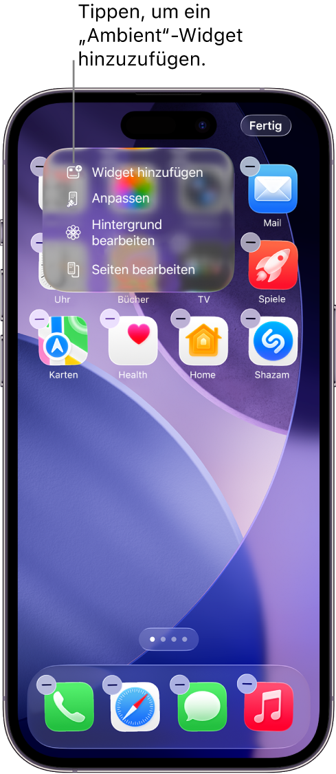 Home-Bildschirm des iPhone mit dem Menüobjekt „Widget hinzufügen“ im Menü „Bearbeiten“