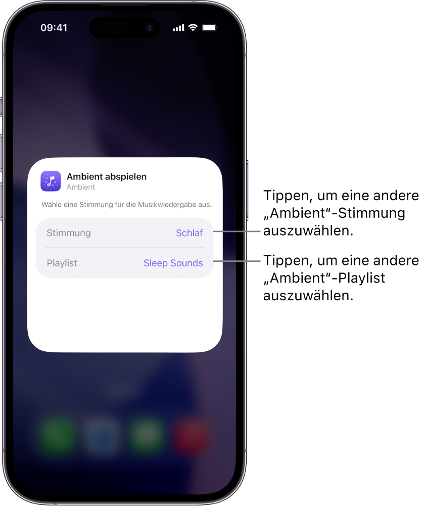 iPhone-Bildschirm mit den Optionen „Stimmung“ und „Playlist“ in einem kleinen „Ambient“-Widget