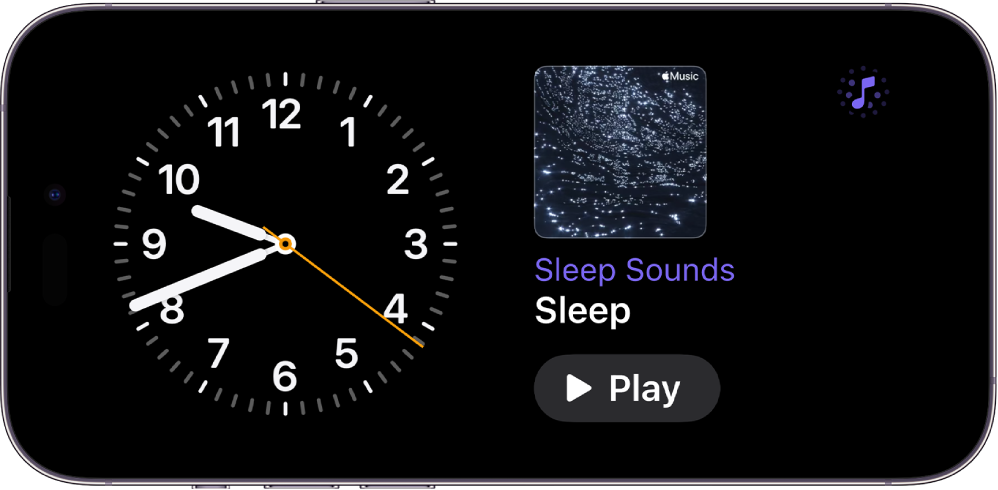 iPhone StandBy screen showing a Clock widget and an Ambient Music widget
