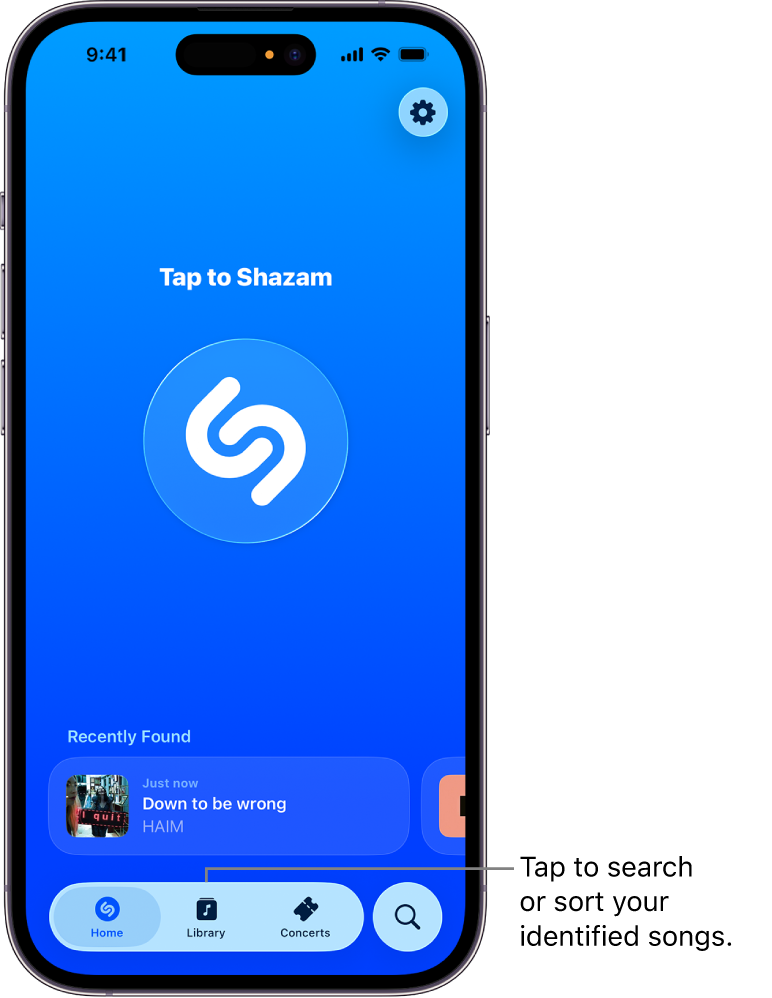 Shazam app home screen showing the Library button