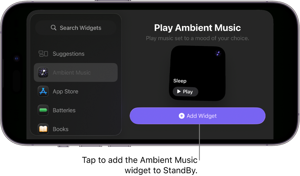 iPhone StandBy screen in editing mode showing the Ambient Music widget and the Add Widget button