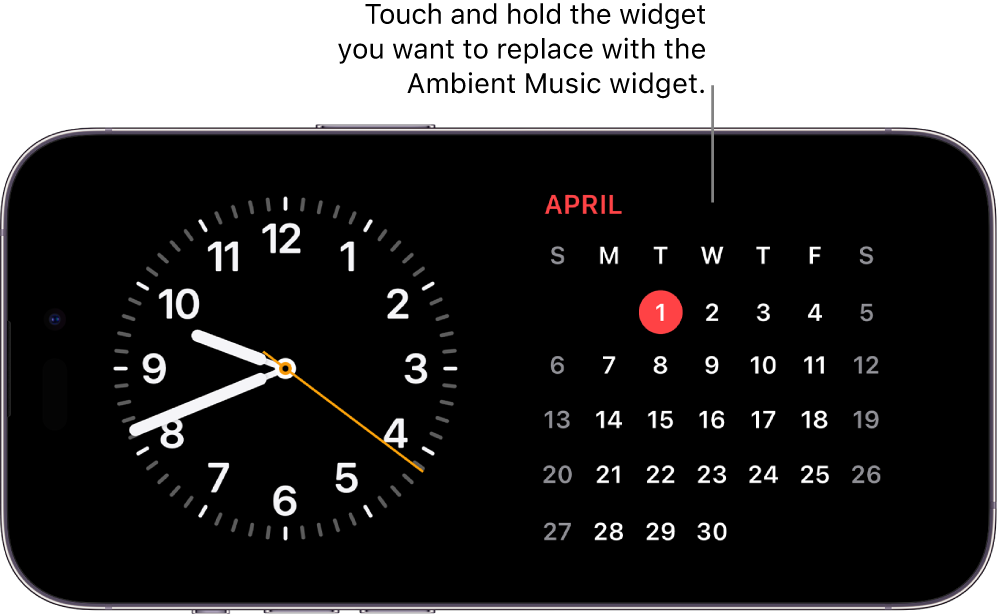 iPhone StandBy screen showing a Clock widget and a Calendar widget