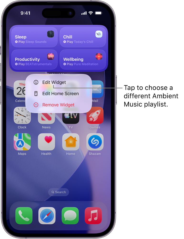 iPhone Home Screen showing the Edit Widget item in the Widget menu