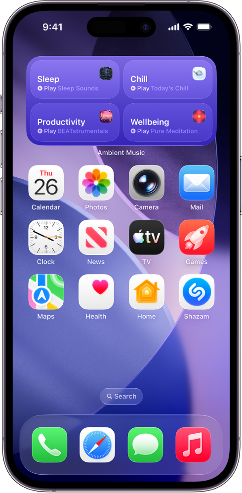 iPhone Home Screen showing the medium Ambient Music widget