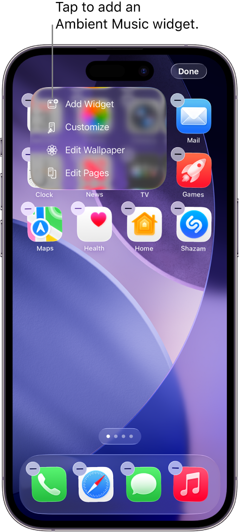 iPhone Home Screen showing the Add Widget item in the Edit menu