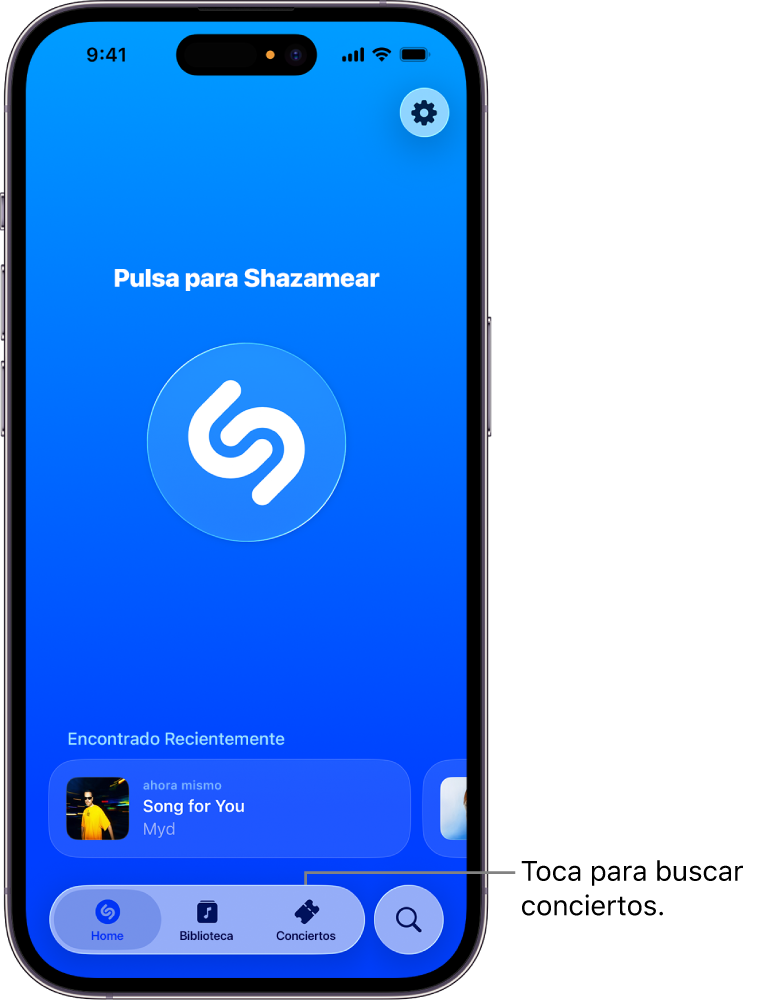 La pantalla de inicio de la app Shazam mostrando el botón Conciertos.