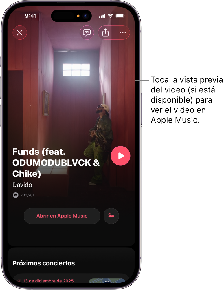 La pantalla de pista de la app Shazam mostrando la vista previa de un video.