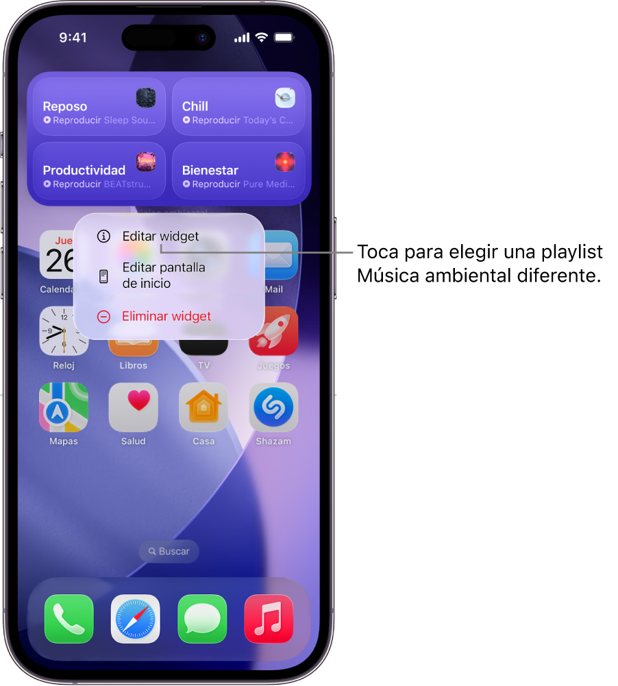 Pantalla de inicio del iPhone con el elemento Editar widget en el menú Widget.