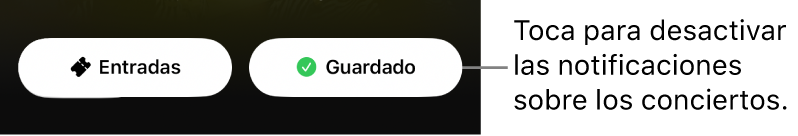 La guía de conciertos en la app Shazam muestra el botón Guardado con una marca de verificación que indica que está activado