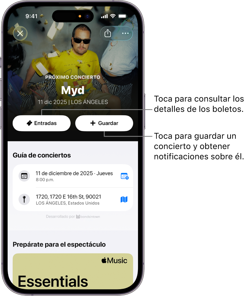 La guía de conciertos de la app Shazam con los botones Boletos y Guardar.