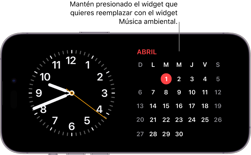 Pantalla del modo En espera del iPhone con un widget de Reloj y un widget de Calendario.