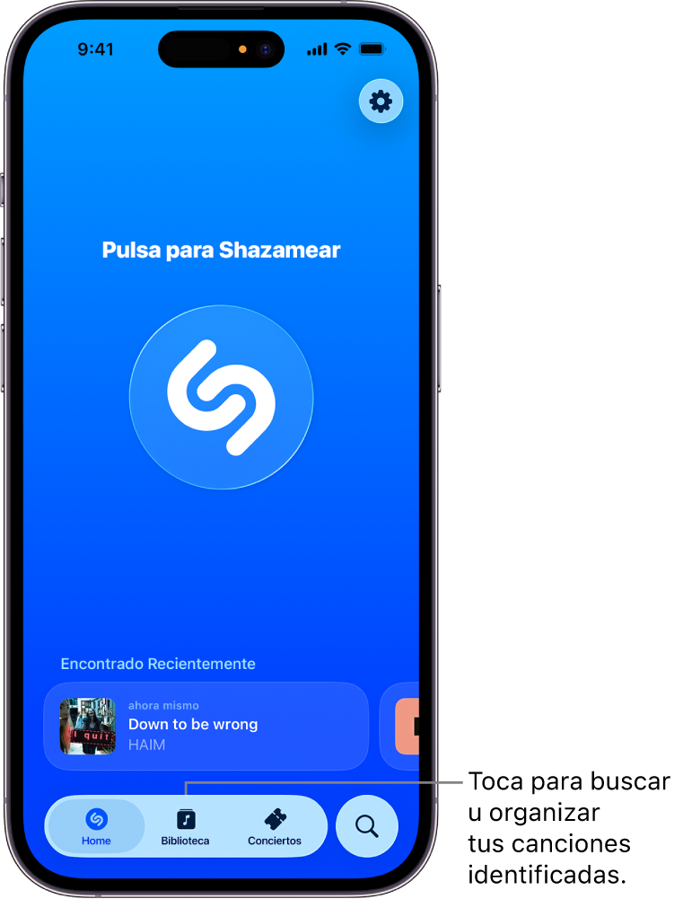 La pantalla de inicio de la app Shazam mostrando el botón de la biblioteca.