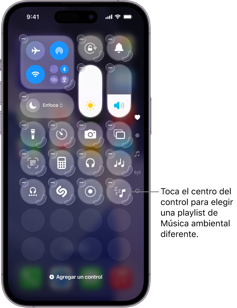 Pantalla del iPhone que muestra el centro de control en modo de edición.