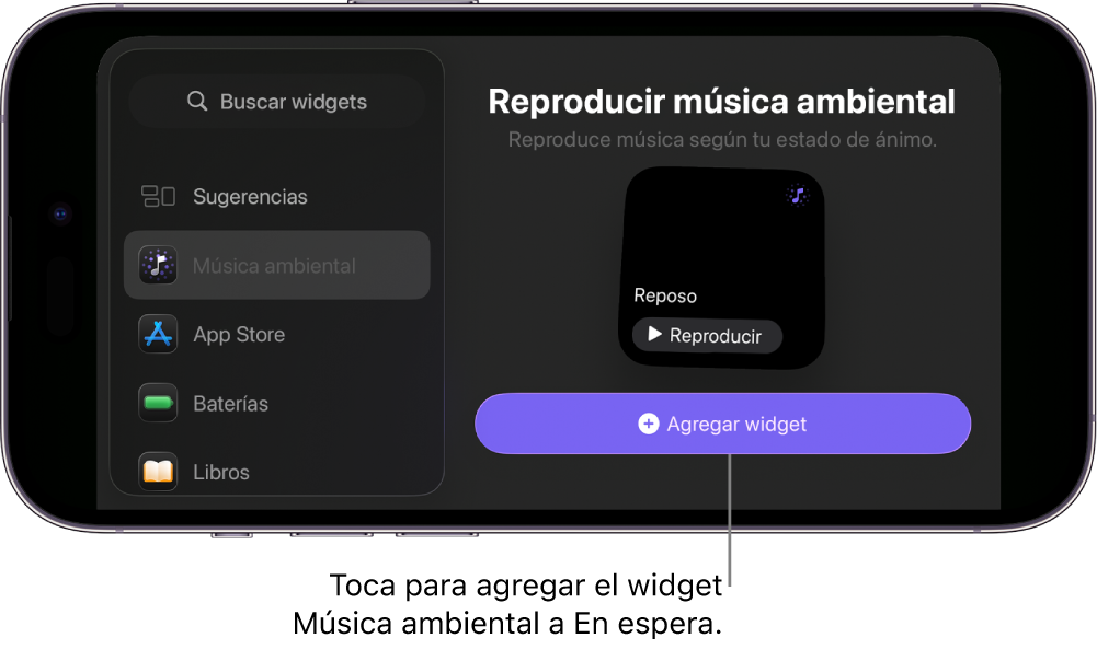 Pantalla En espera del iPhone en modo de edición con el widget de Música ambiental y el botón Agregar widget.