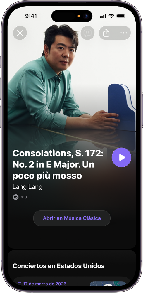 La pantalla de una pista en la app Shazam mostrando el resultado de una canción clásica identificada y el botón Abrir en Apple Music Classical.