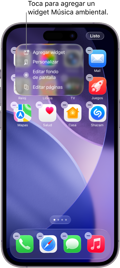 Pantalla de inicio del iPhone con el elemento Agregar widget en el menú Editar.
