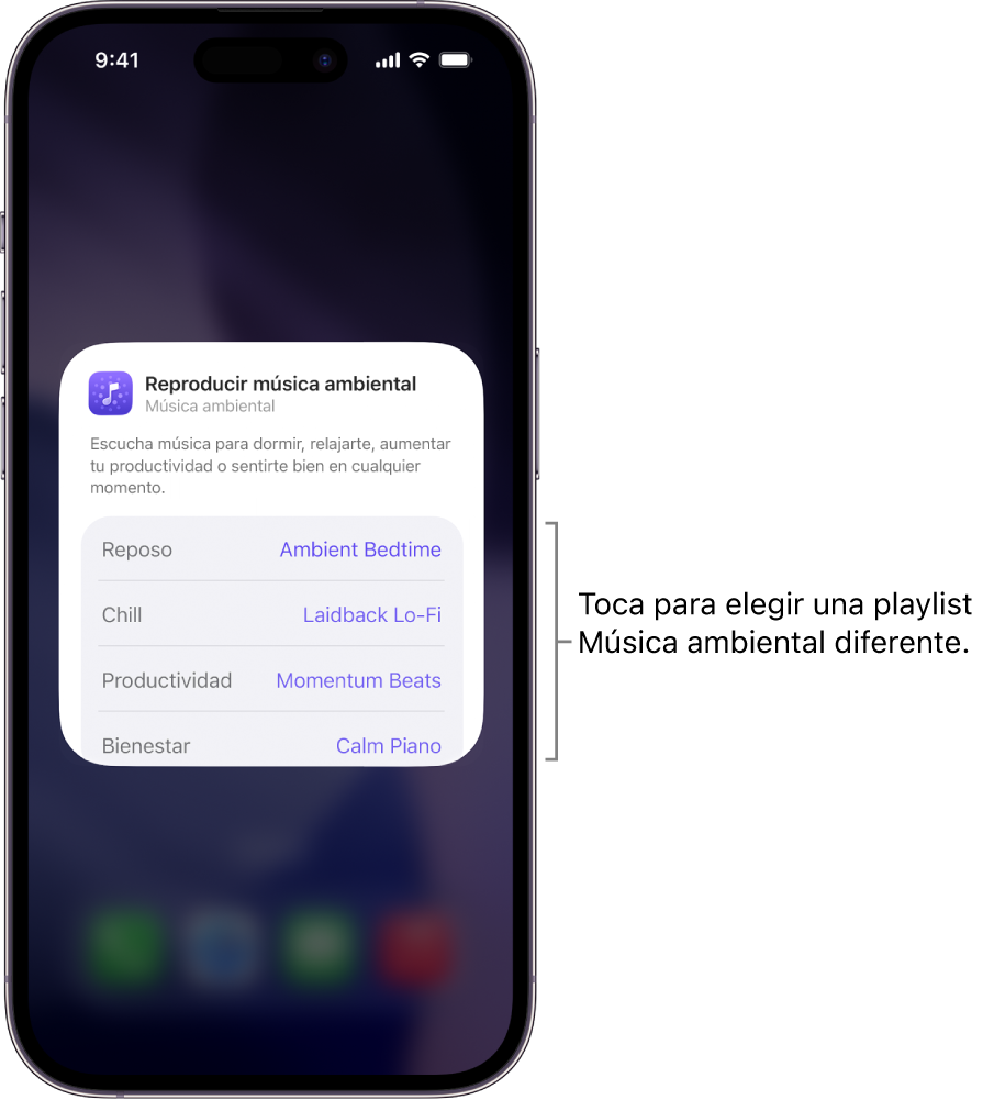 Pantalla del iPhone con las opciones Estado de ánimo y Playlist en el widget mediano de Música ambiental.