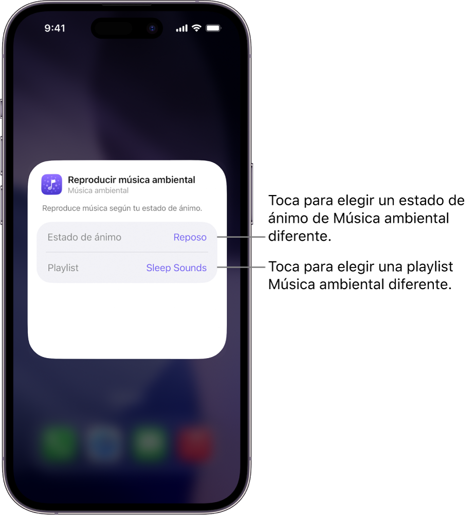 Pantalla del iPhone con las opciones Estado de ánimo y Playlist en el widget pequeño de Música ambiental.