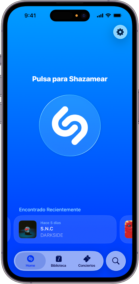 Pantalla de inicio de la app Shazam