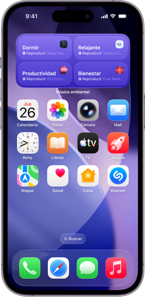 Pantalla de inicio del iPhone con el widget mediano de música ambiental
