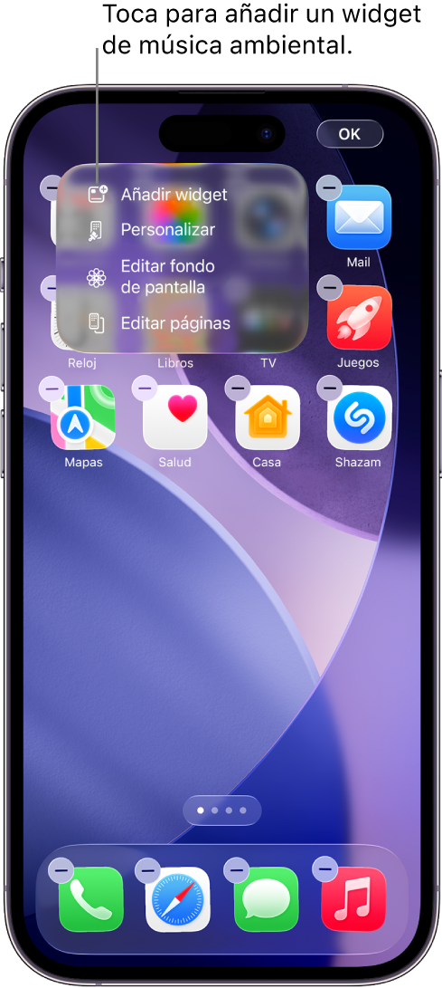 Pantalla de inicio del iPhone con el ítem “Añadir widget” del menú Editar