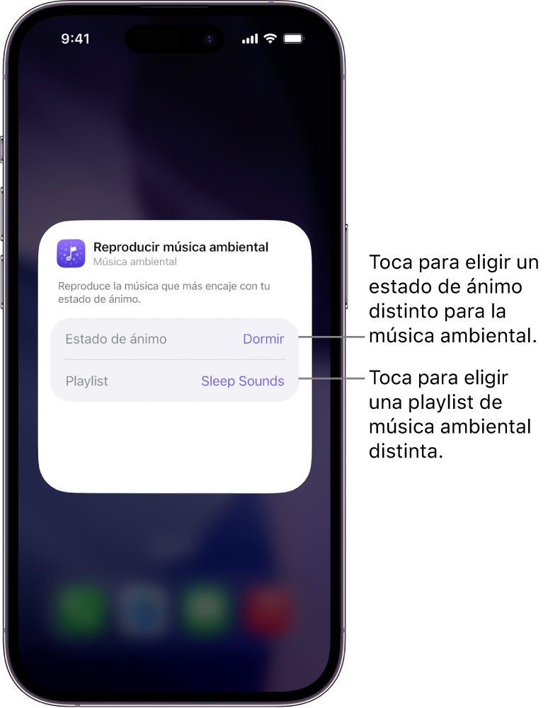 Pantalla del iPhone con las opciones “Estado de ánimo” y “Playlist” del widget pequeño de música ambiental