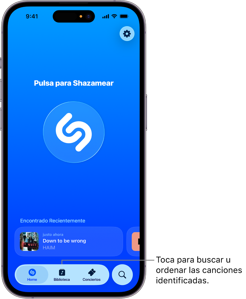 Pantalla de inicio de la app Shazam con el botón Biblioteca.