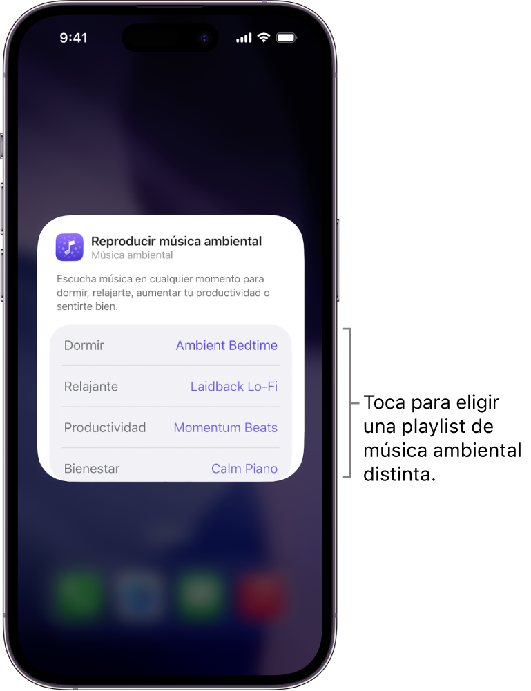 Pantalla del iPhone con las opciones “Estado de ánimo” y “Playlist” del widget mediano de música ambiental