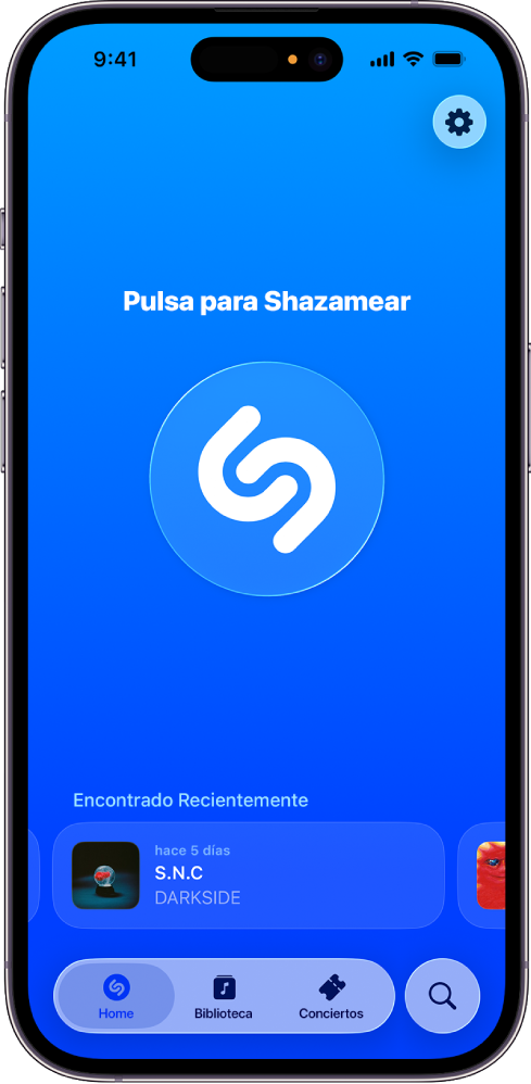 Pantalla de inicio de la app Shazam