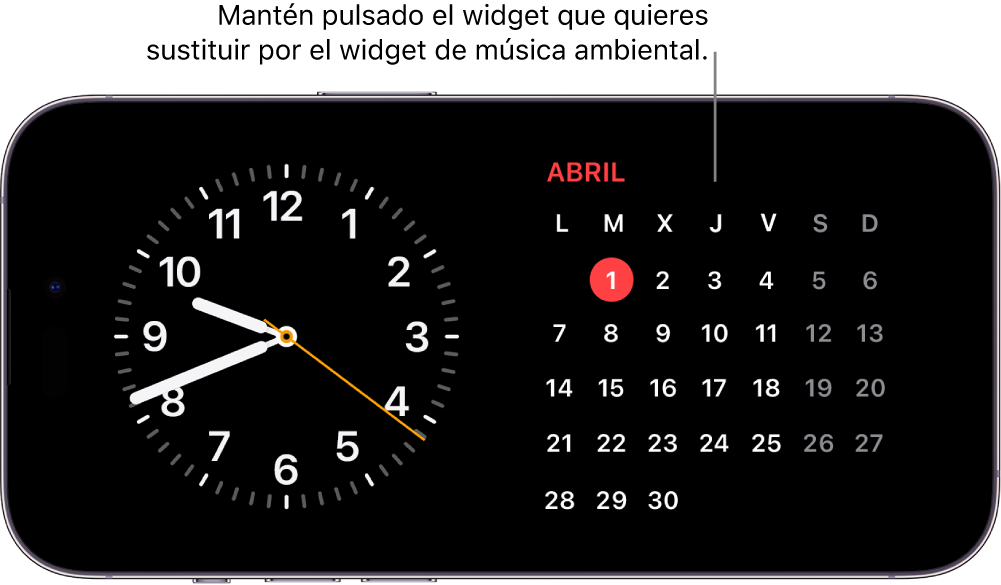 Pantalla “En reposo” del iPhone con un widget de reloj y un widget de música ambiental