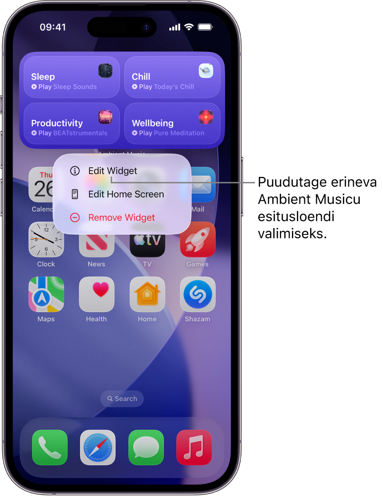 iPhone’i kuvas Home Screen (Avakuva) kuvatakse menüüs Widgeti (Vidin) üksust Edit Widget (Muuda vidinat).