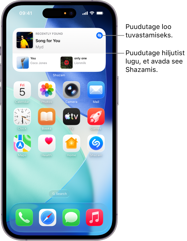 iPhone’i kuvas Home Screen (Avakuva) kuvatakse Shazami vidinat