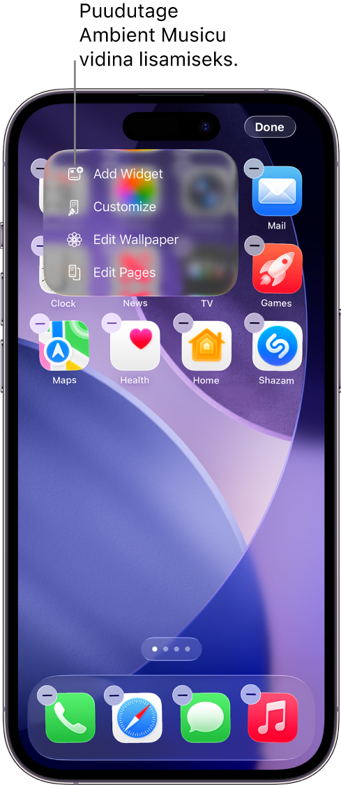 iPhone’i kuvas Home Screen (Avakuva) kuvatakse menüüs Edit (Muutmine) üksust Add Widget (Vidina lisamine).