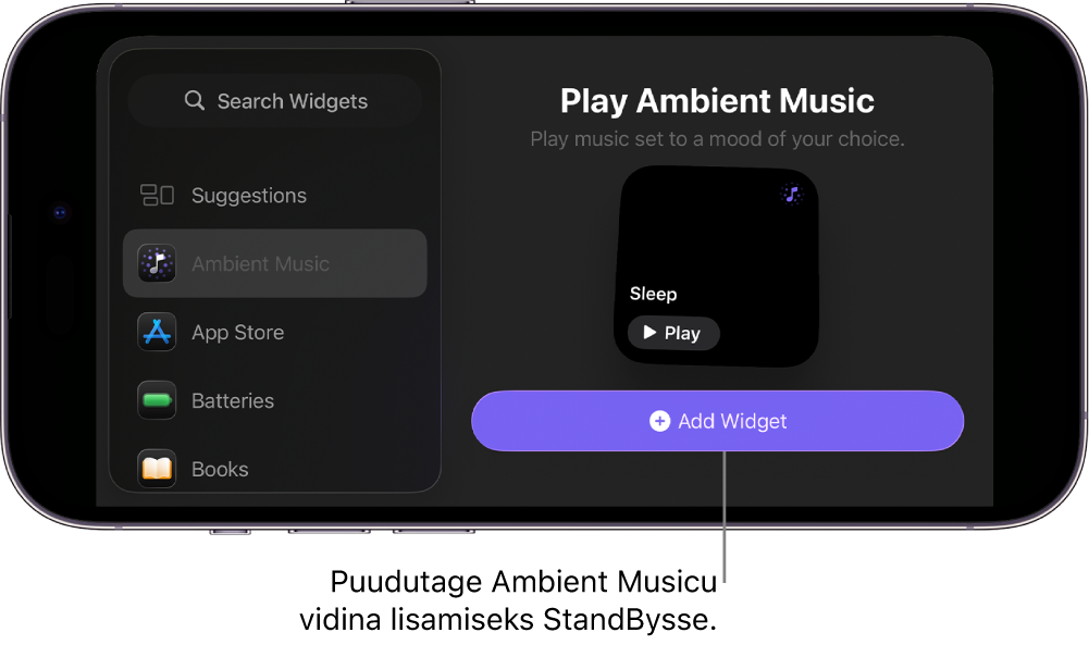 iPhone’i kuva StandBy (Ooterežiim) muutmisrežiimis kuvatakse Ambient Musicu vidinat ja nuppu Add Widget (Vidina lisamine).