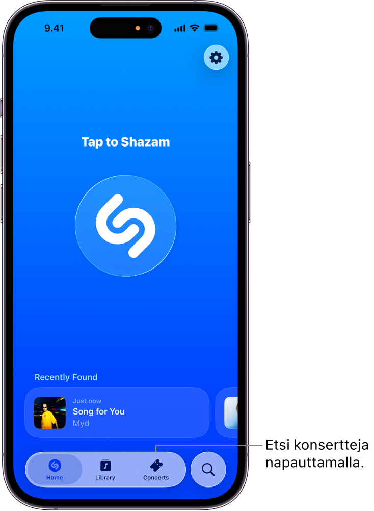 Shazam-apin Koti-valikko, jossa näkyy Concerts-painike