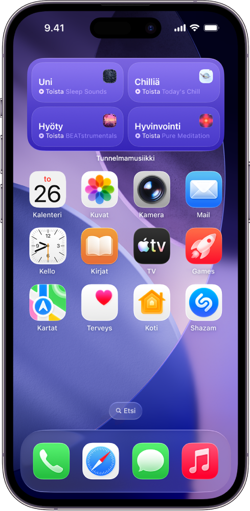 iPhonen Koti-valikossa näkyy keskikokoinen Tunnelmamusiikki-widgetti.